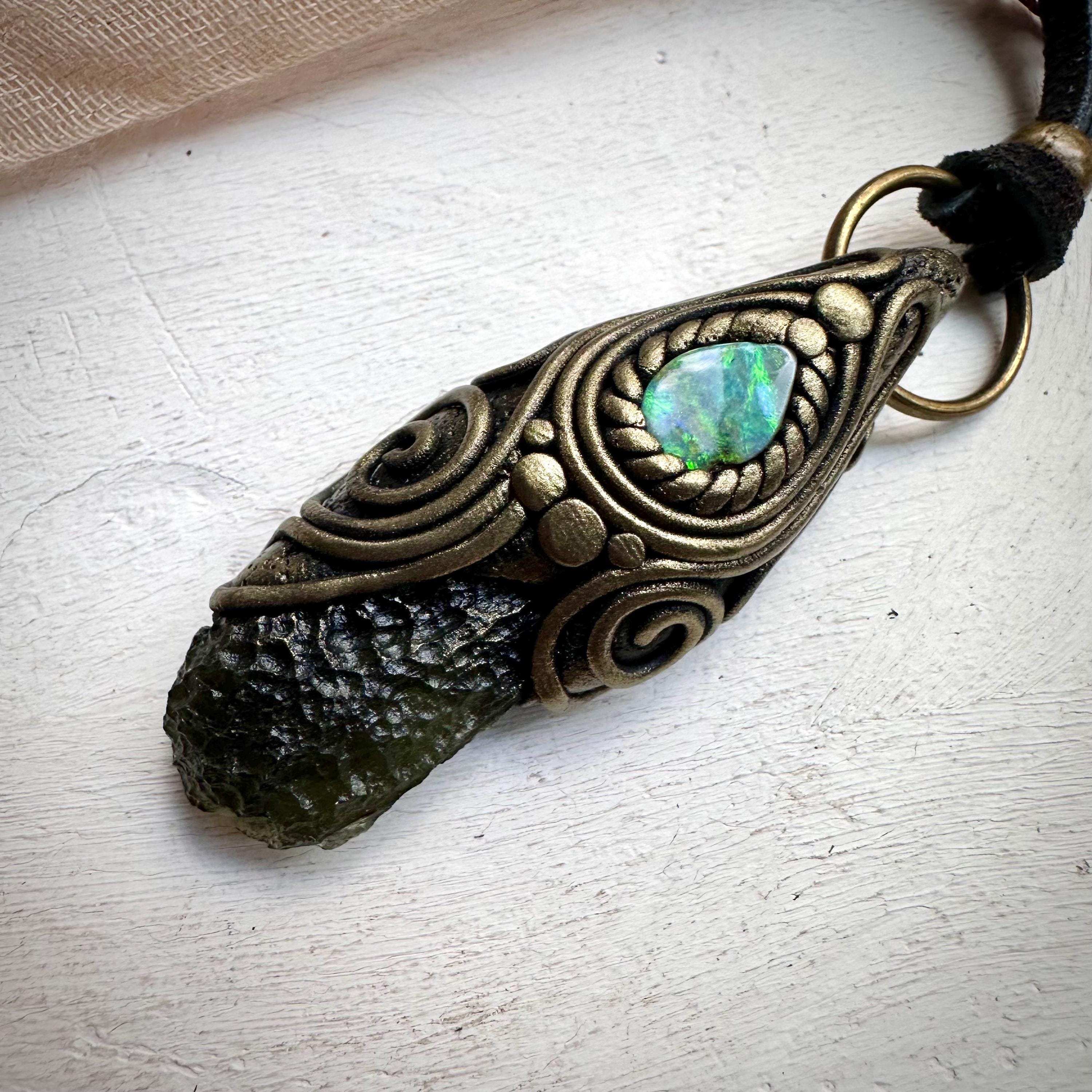 Moldavite and Boulder Opal Necklace - FairyGardenGlow