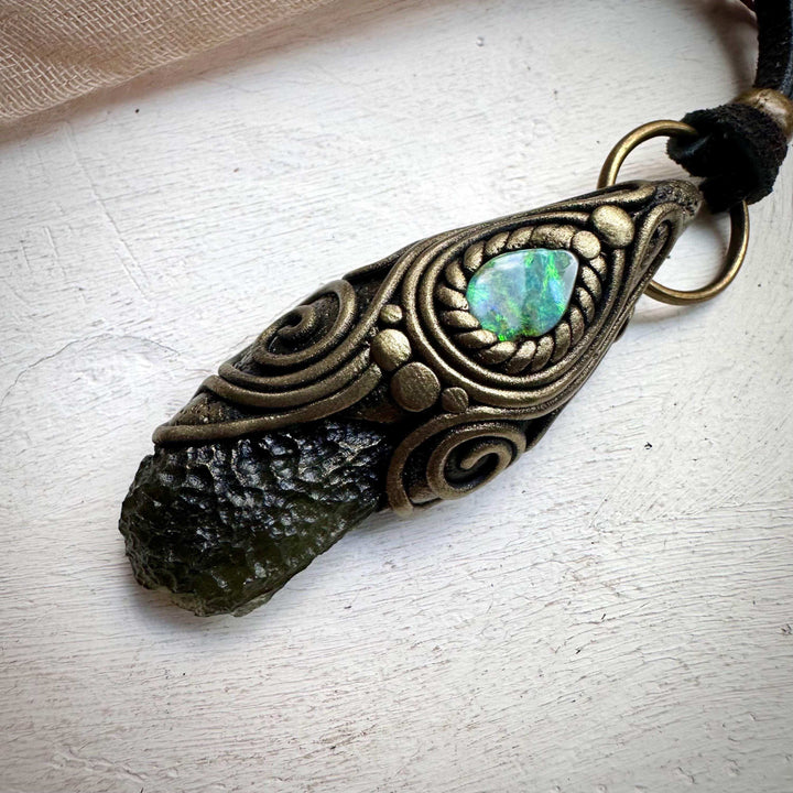 Moldavite and Boulder Opal Necklace - FairyGardenGlow