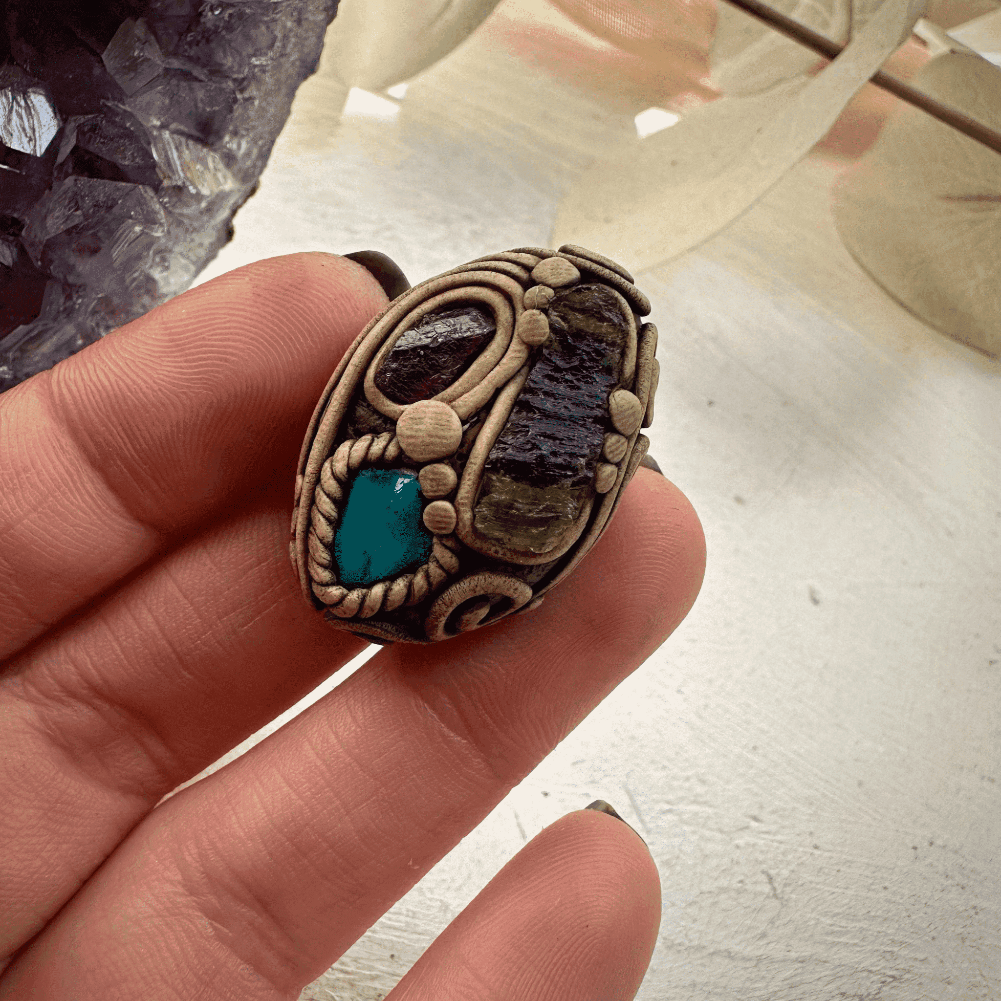 Moldavite Chrysocolla and Rhodolite Garnet Ring - FairyGardenGlow