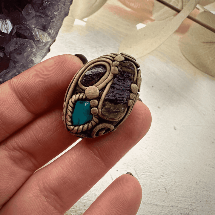 Moldavite Chrysocolla and Rhodolite Garnet Ring - FairyGardenGlow