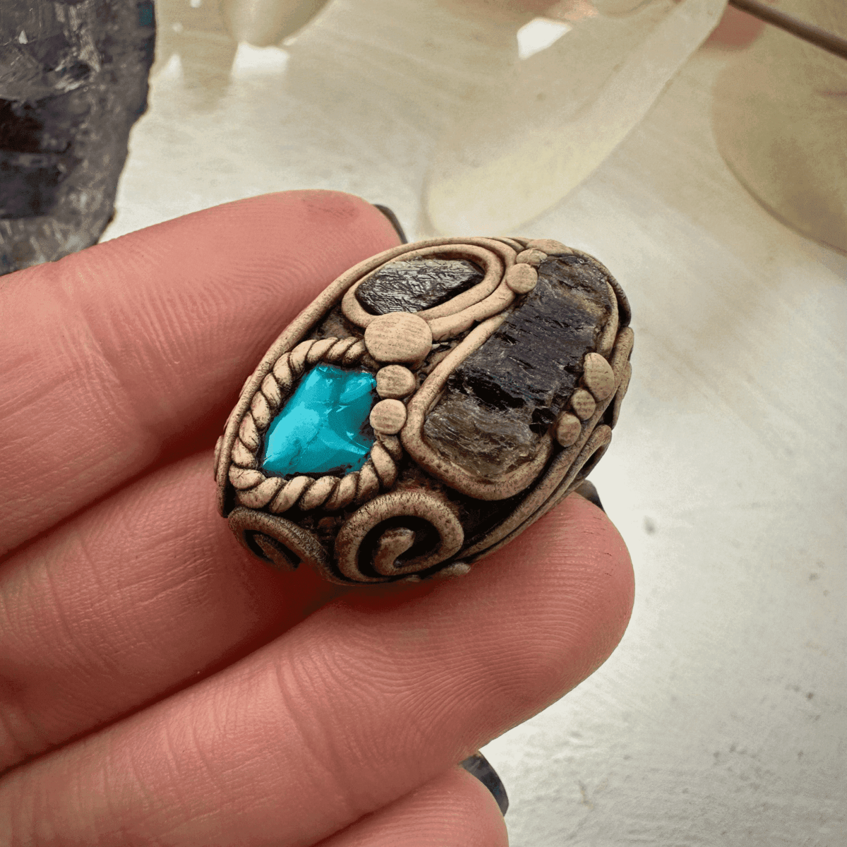 Moldavite Chrysocolla and Rhodolite Garnet Ring - FairyGardenGlow