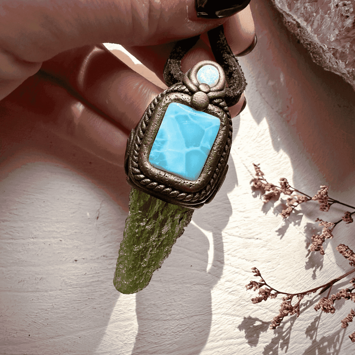 Moldavite with Larimar and Australian Opal Pendant Necklace - FairyGardenGlow