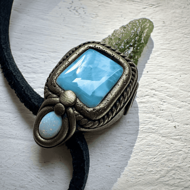 Moldavite with Larimar and Australian Opal Pendant Necklace - FairyGardenGlow