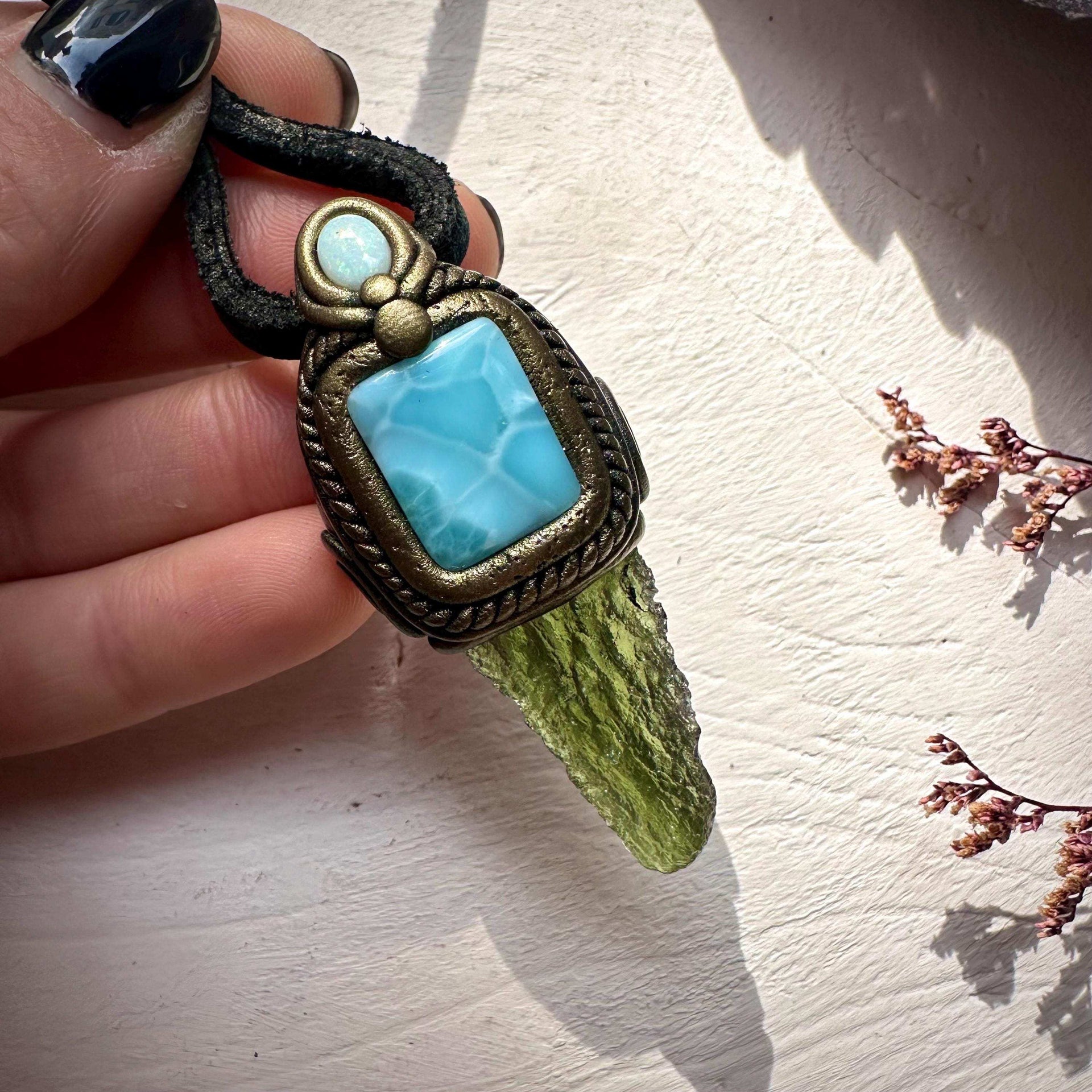 Moldavite with Larimar and Australian Opal Pendant Necklace - FairyGardenGlow