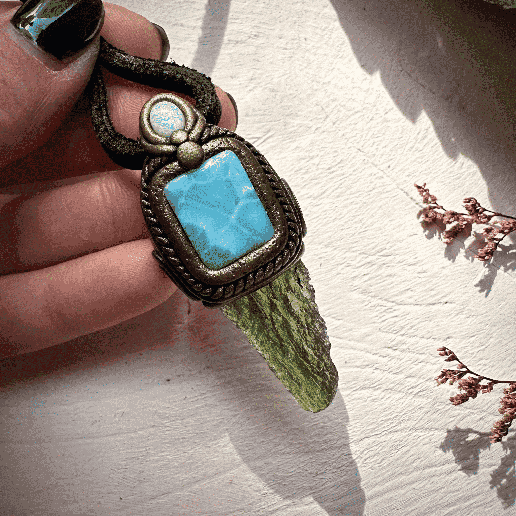 Moldavite with Larimar and Australian Opal Pendant Necklace - FairyGardenGlow