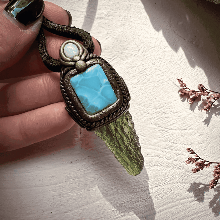 Moldavite with Larimar and Australian Opal Pendant Necklace - FairyGardenGlow