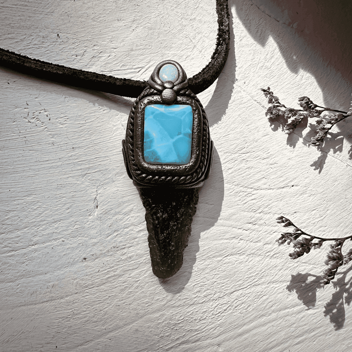 Moldavite with Larimar and Australian Opal Pendant Necklace - FairyGardenGlow