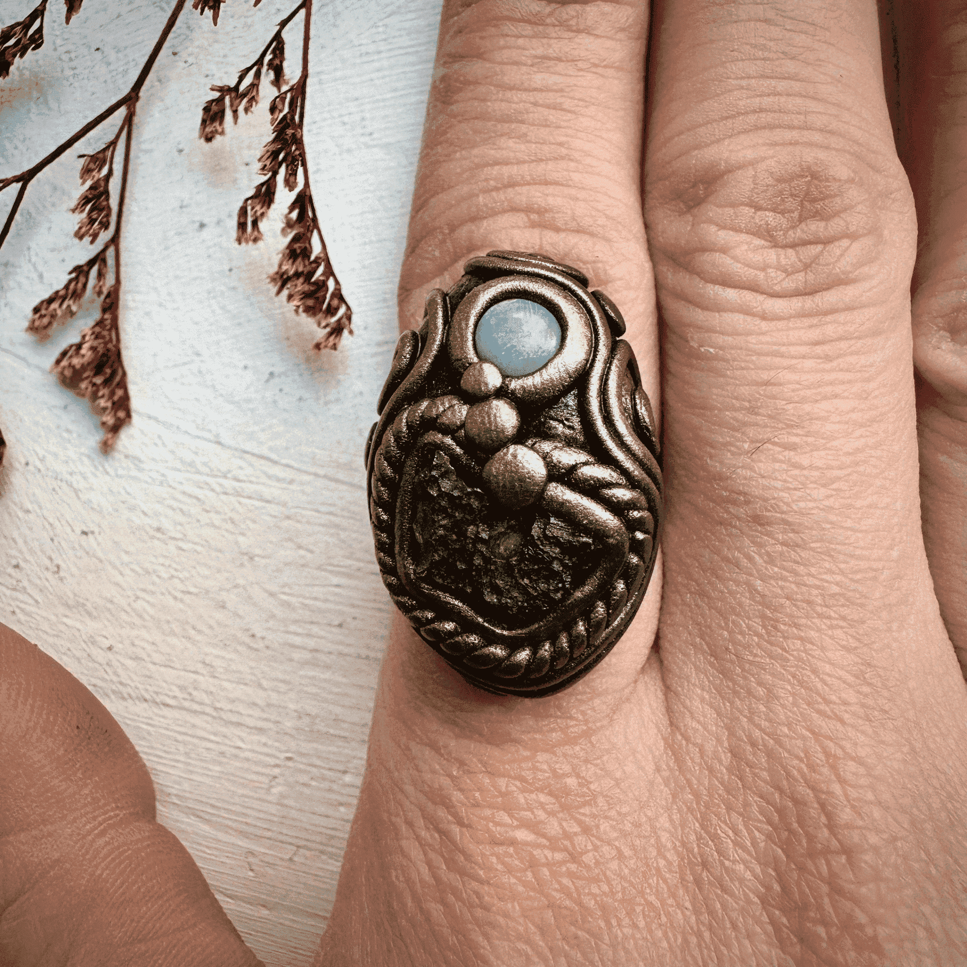 Moldavite and Australian Opal Ring - FairyGardenGlow