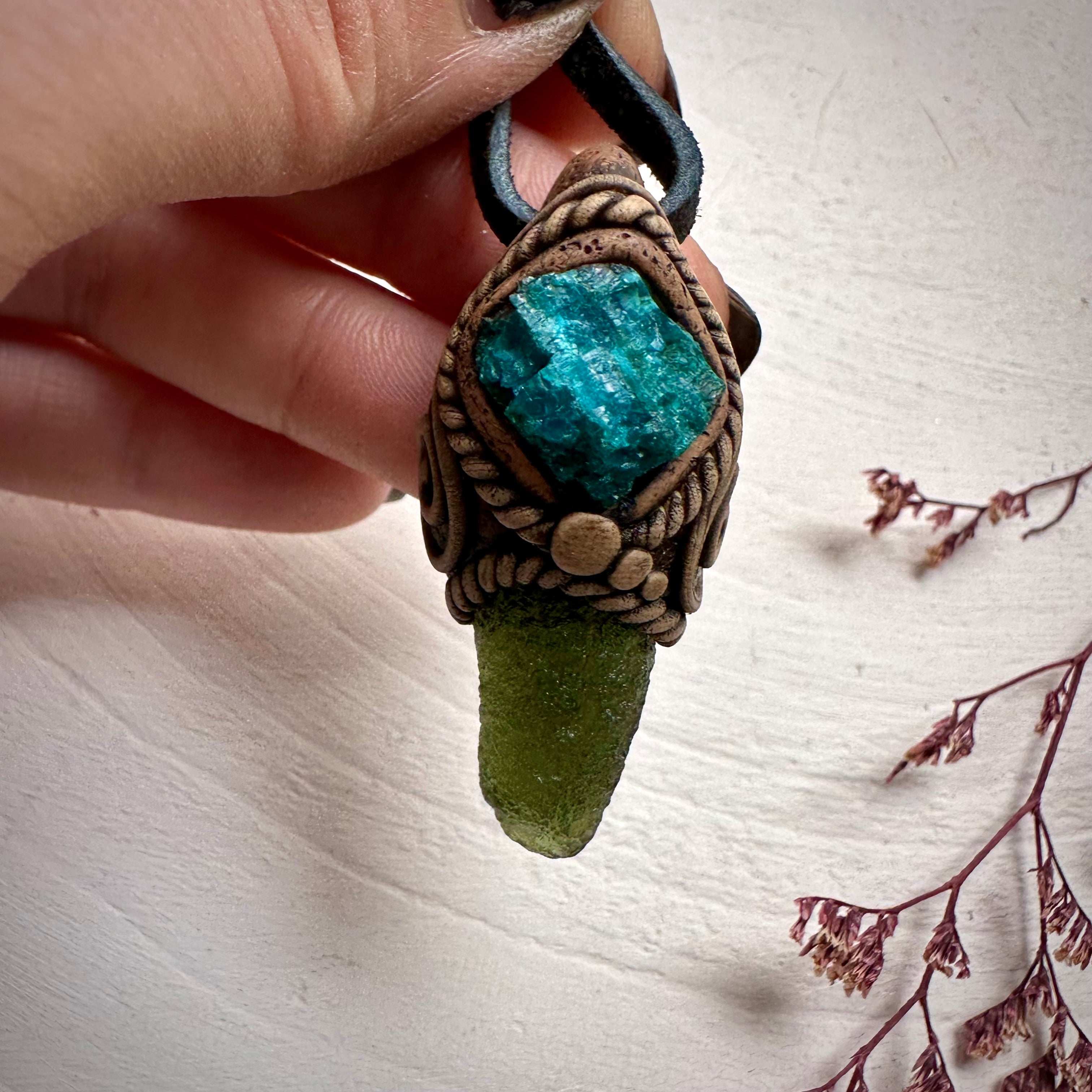 Moldavite and Raw Chrysocolla Necklace - FairyGardenGlow