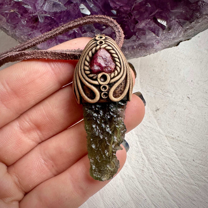Moldavite and Raw Spinel Necklace - FairyGardenGlow