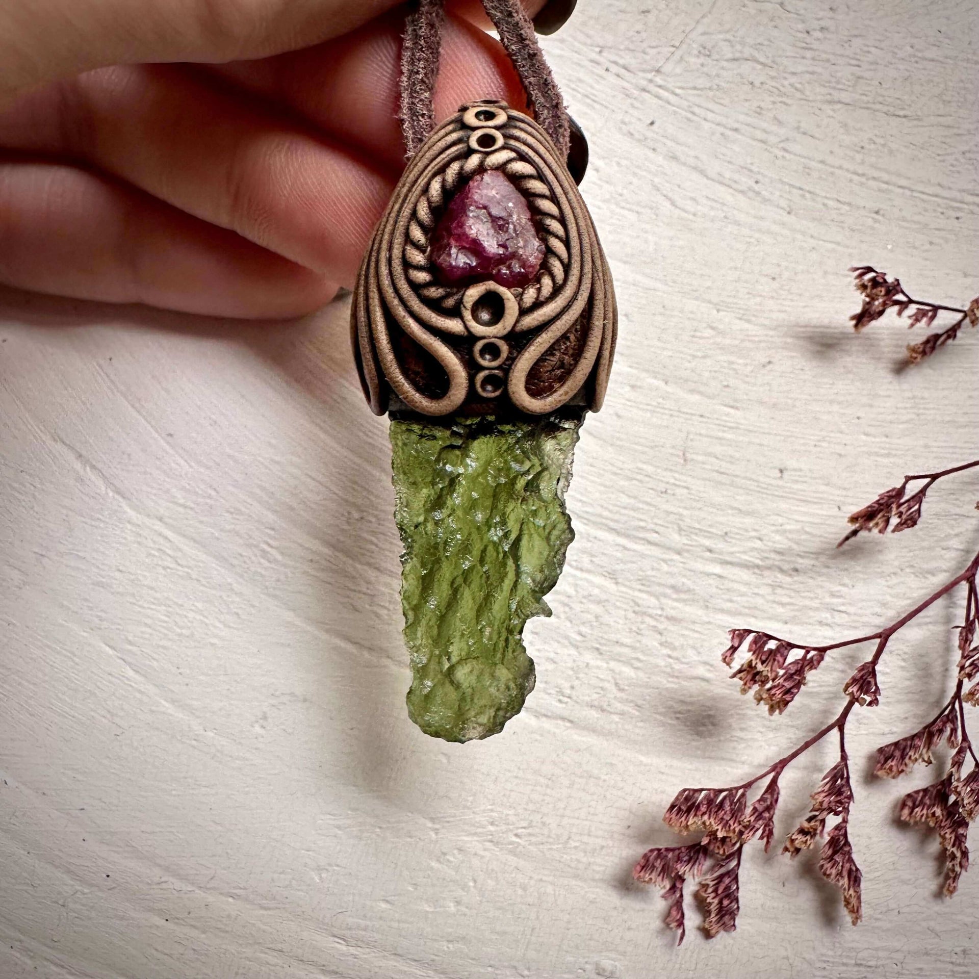 Moldavite and Raw Spinel Necklace - FairyGardenGlow