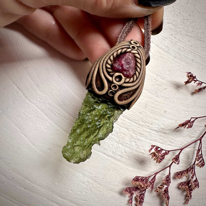 Moldavite and Raw Spinel Necklace - FairyGardenGlow