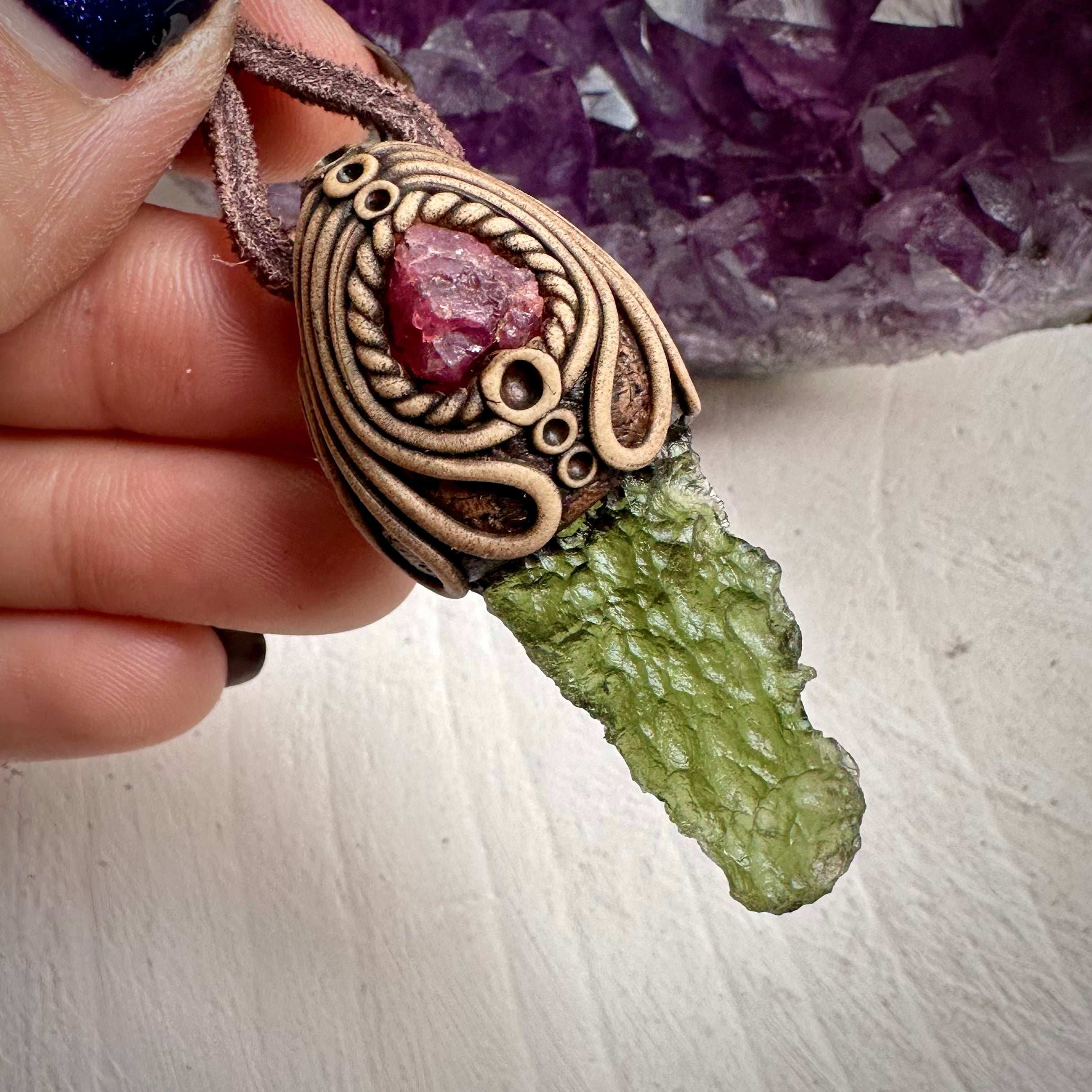 Moldavite and Raw Spinel Necklace - FairyGardenGlow