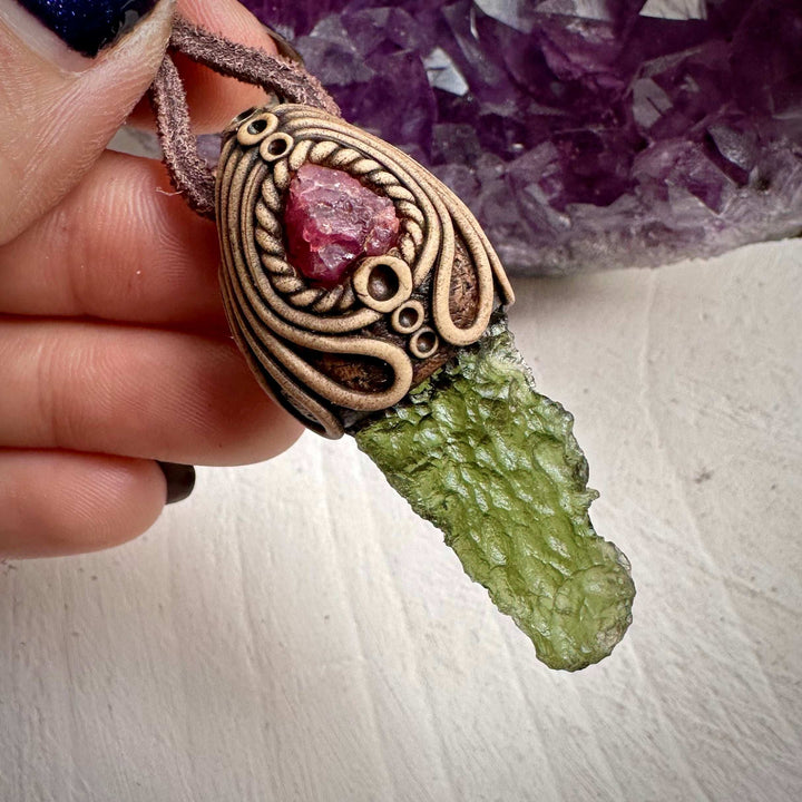 Moldavite and Raw Spinel Necklace - FairyGardenGlow