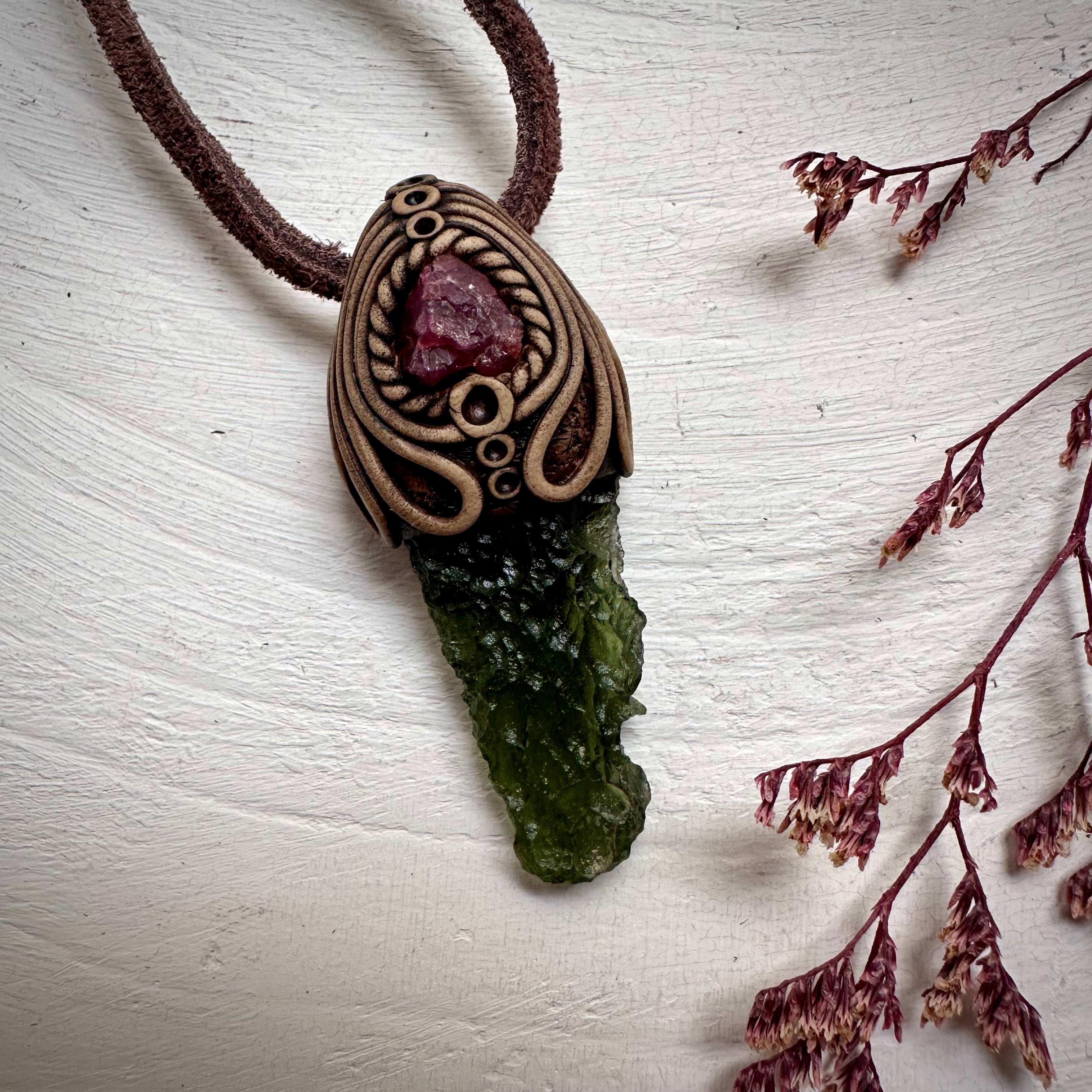 Moldavite and Raw Spinel Necklace - FairyGardenGlow