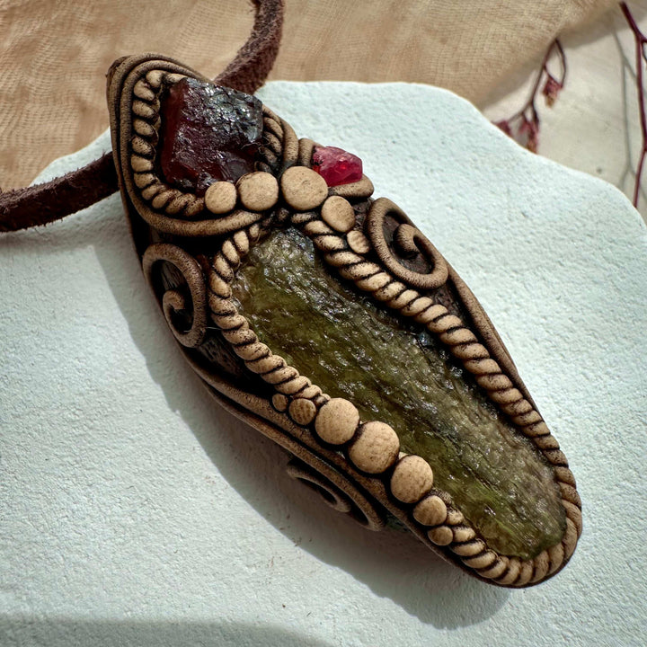 Moldavite Red Garnet and Spinel Necklace - FairyGardenGlow