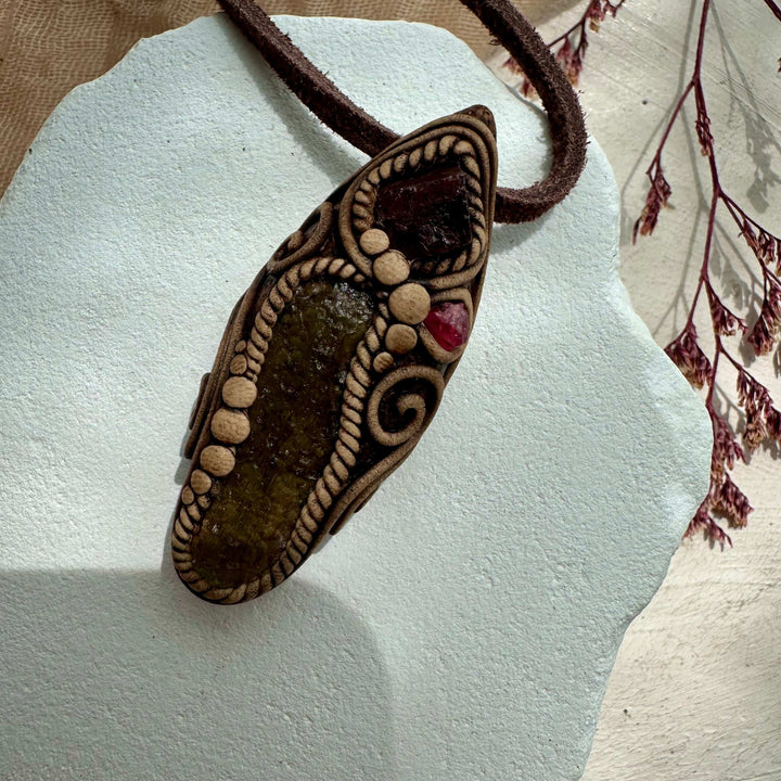 Moldavite Red Garnet and Spinel Necklace - FairyGardenGlow