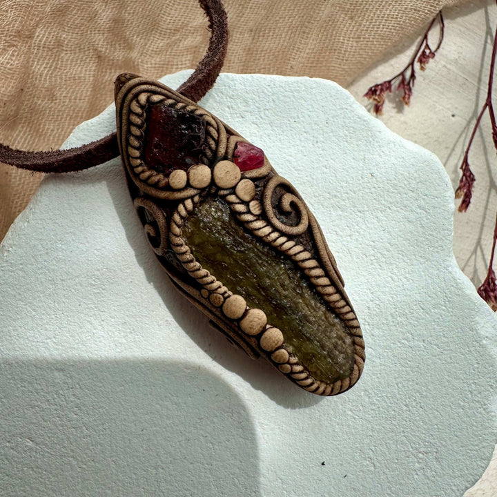 Moldavite Red Garnet and Spinel Necklace - FairyGardenGlow