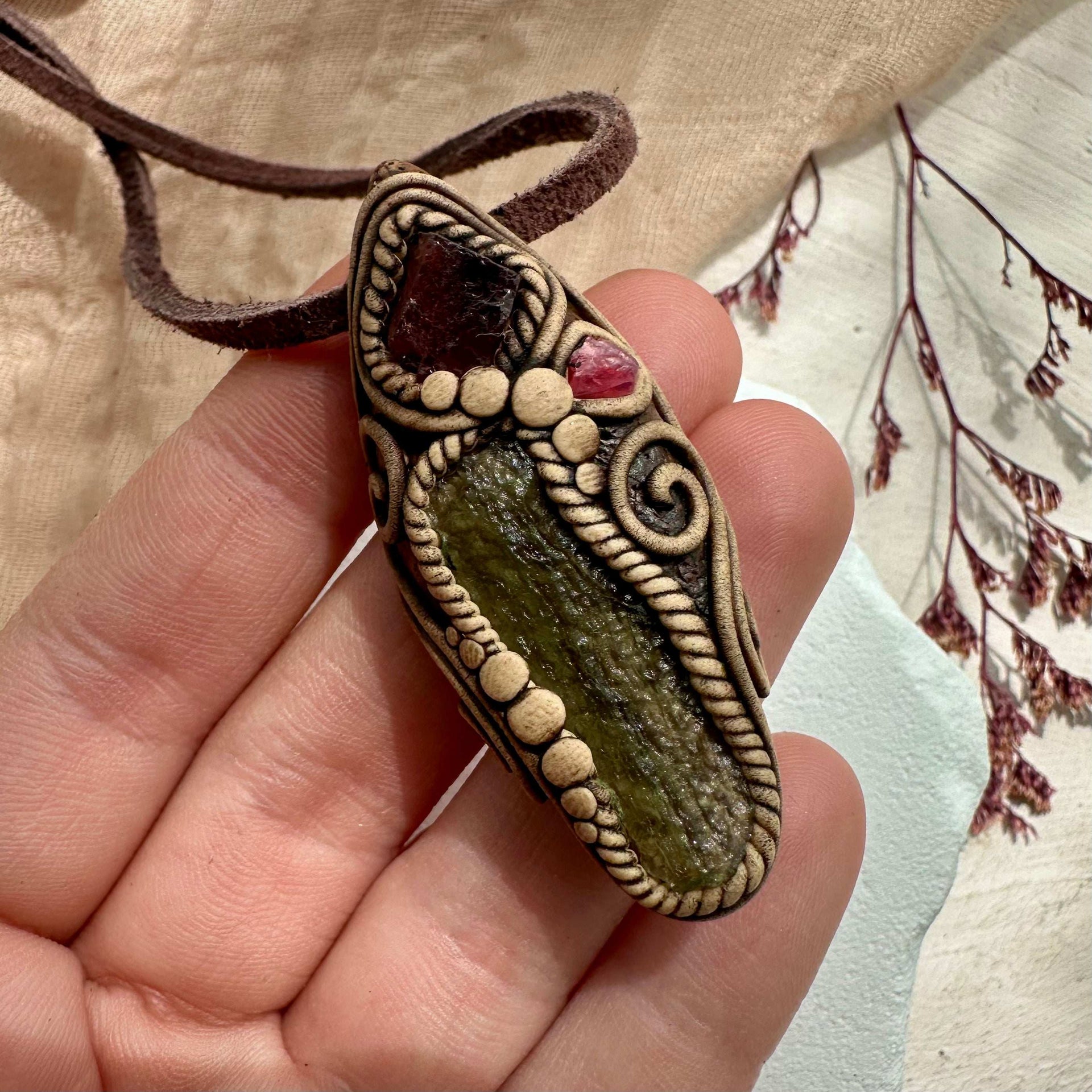 Moldavite Red Garnet and Spinel Necklace - FairyGardenGlow