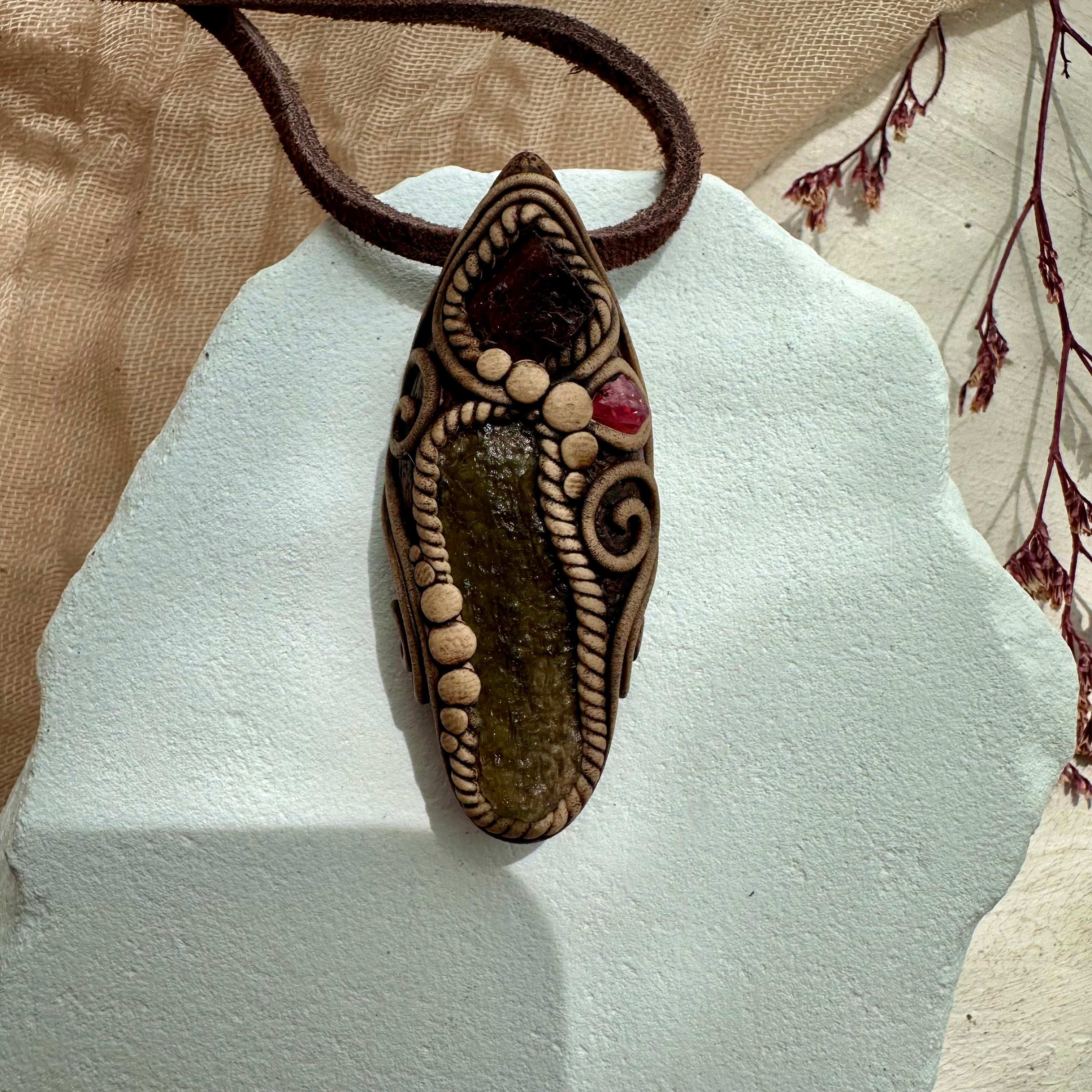 Moldavite Red Garnet and Spinel Necklace - FairyGardenGlow