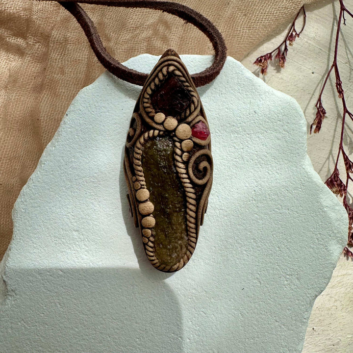 Moldavite Red Garnet and Spinel Necklace - FairyGardenGlow
