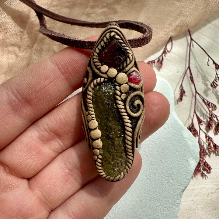 Moldavite Red Garnet and Spinel Necklace - FairyGardenGlow