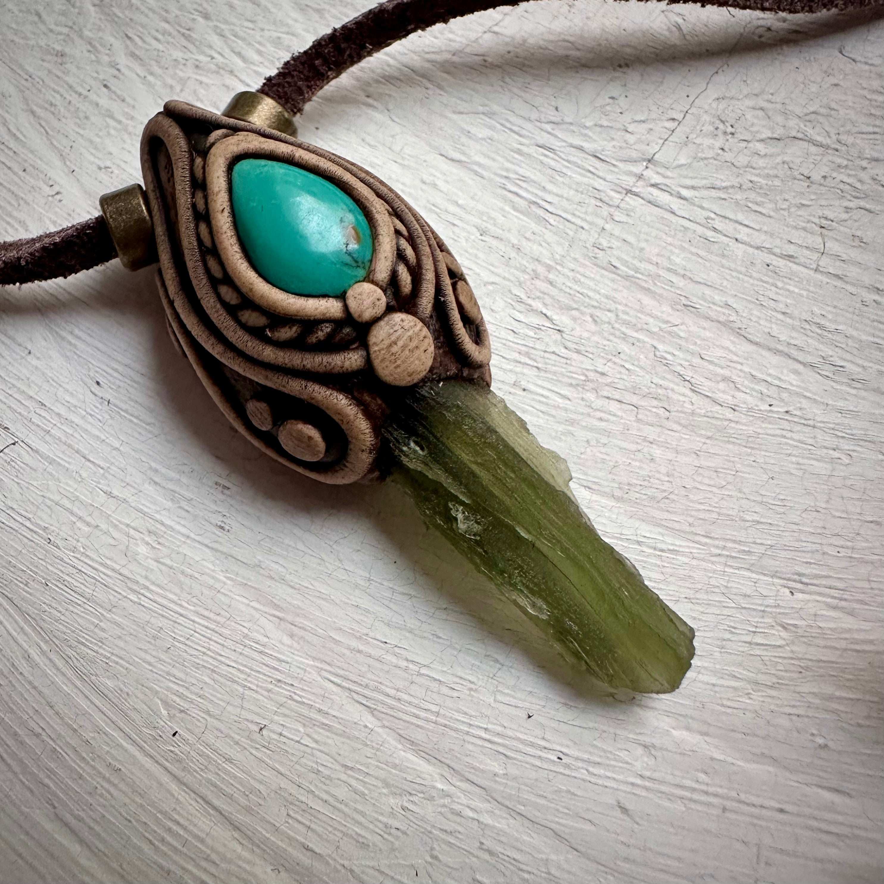 Moldavite and Tibetan Turquoise Pendant Necklace - FairyGardenGlow