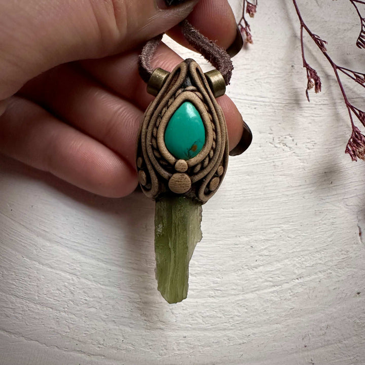 Moldavite and Tibetan Turquoise Pendant Necklace - FairyGardenGlow