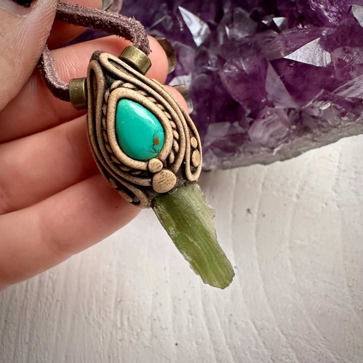 Moldavite and Tibetan Turquoise Pendant Necklace - FairyGardenGlow