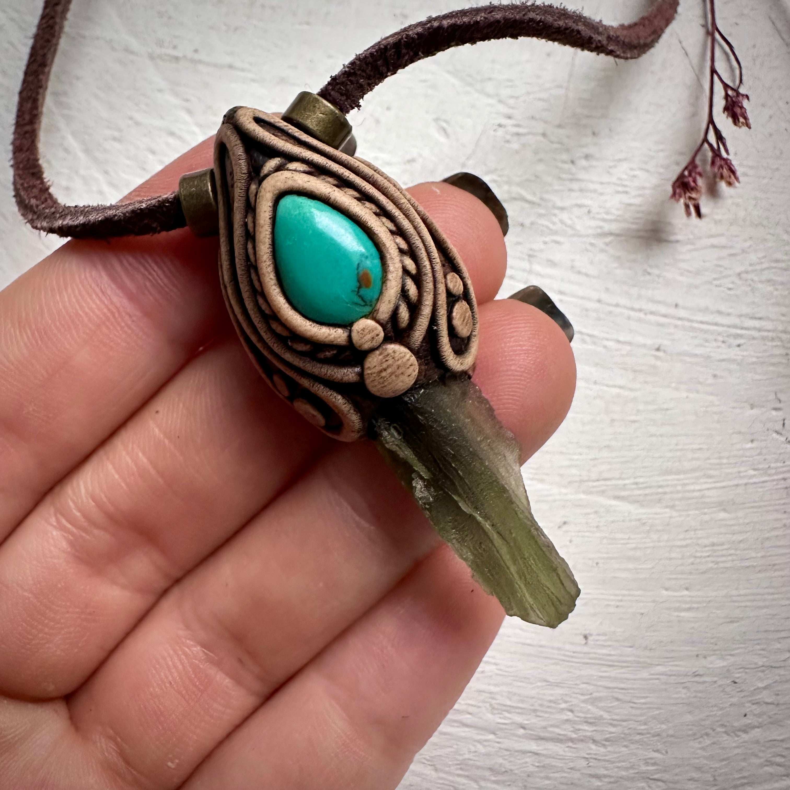 Moldavite and Tibetan Turquoise Pendant Necklace - FairyGardenGlow
