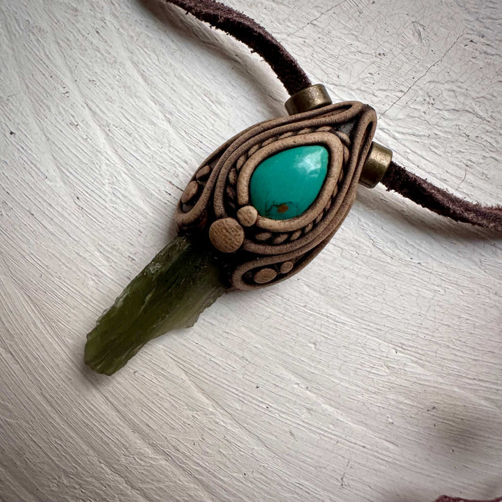 Moldavite and Tibetan Turquoise Pendant Necklace - FairyGardenGlow