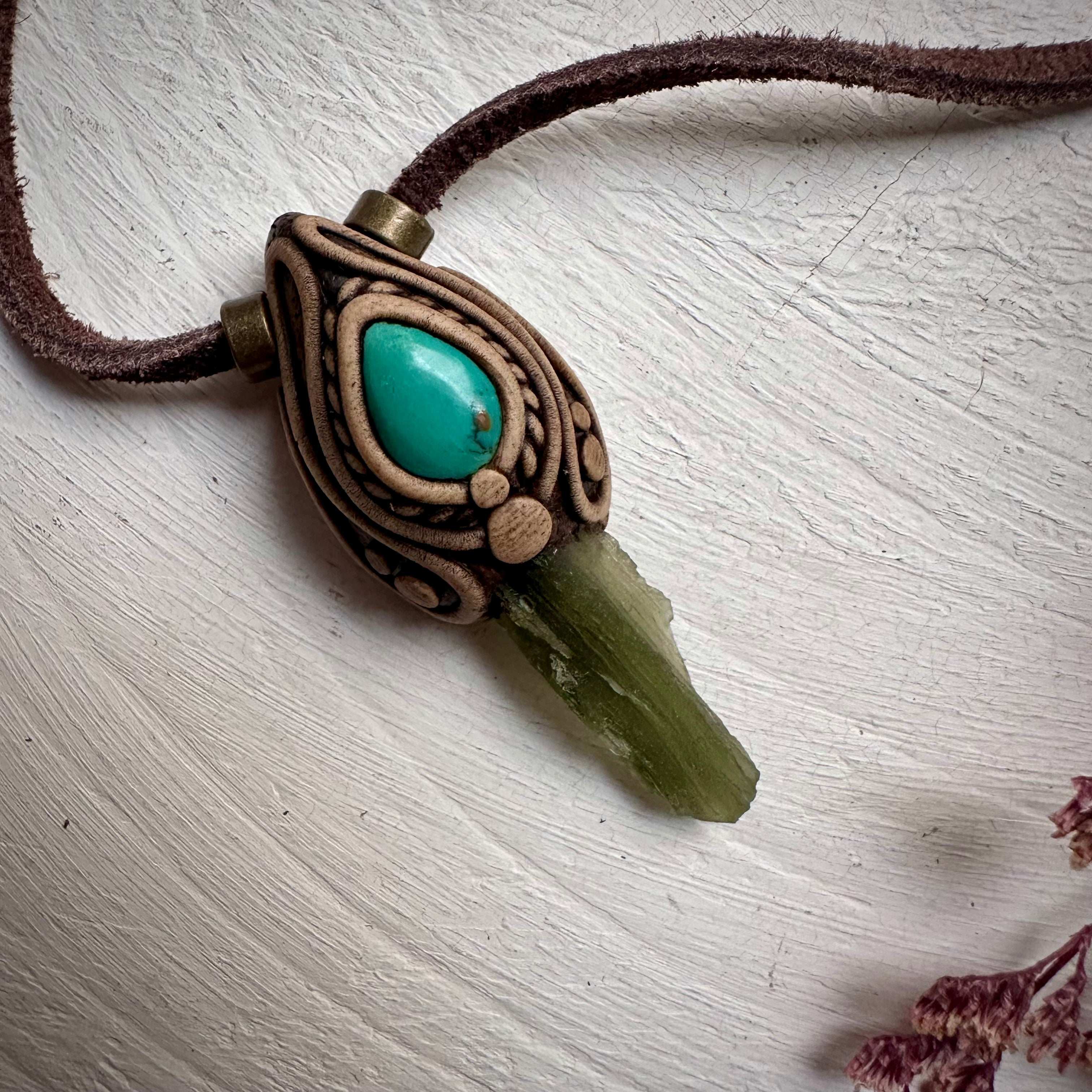 Moldavite and Tibetan Turquoise Pendant Necklace - FairyGardenGlow