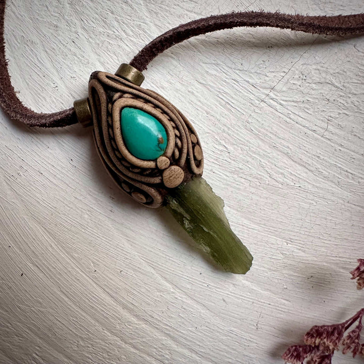 Moldavite and Tibetan Turquoise Pendant Necklace - FairyGardenGlow