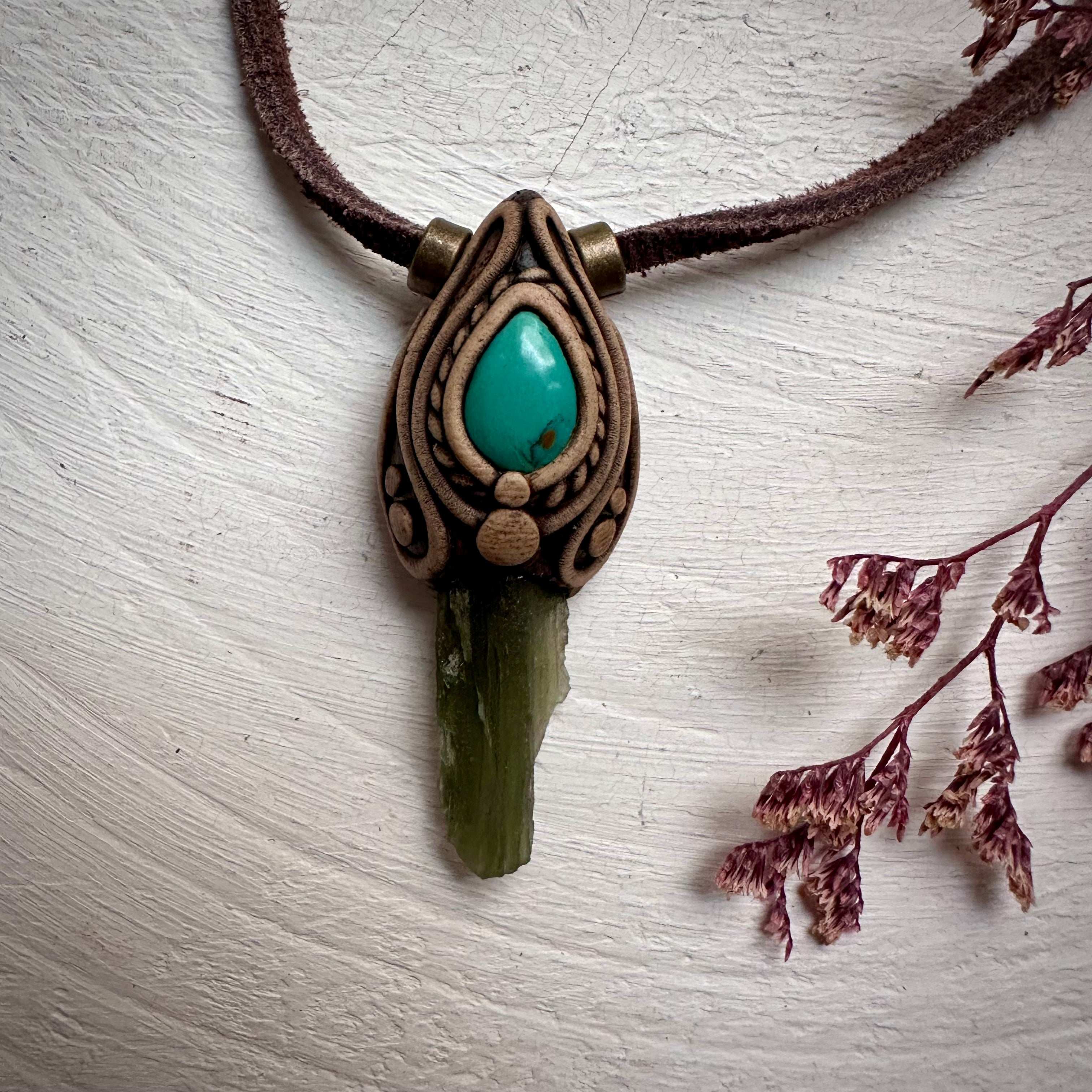 Moldavite and Tibetan Turquoise Pendant Necklace - FairyGardenGlow