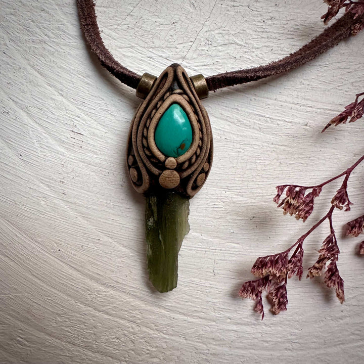 Moldavite and Tibetan Turquoise Pendant Necklace - FairyGardenGlow
