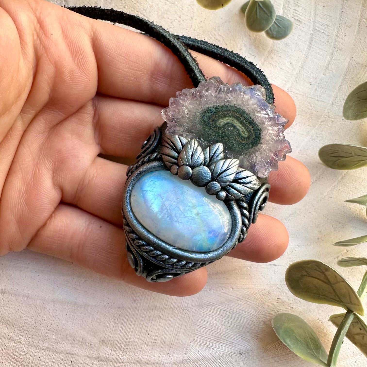 Handmade necklace featuring rainbow moonstone and amethyst stalactite