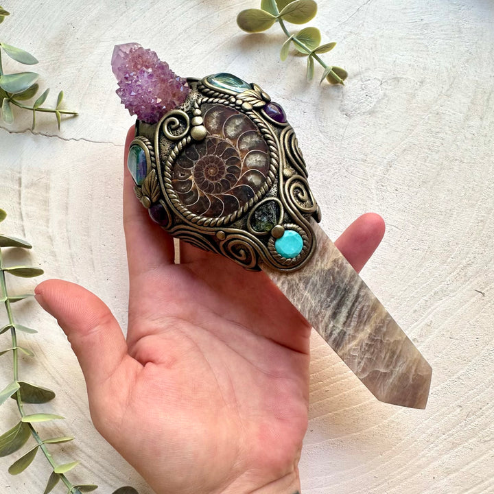 Unique Moonstone Point crystal wand featuring Deep Purple Spirit Quartz, Ammonite, Aqua Aura Quartz, Amethyst, Amazonite and Moldavite, a one of a kind healing energy tool designed for intuition, transformation.