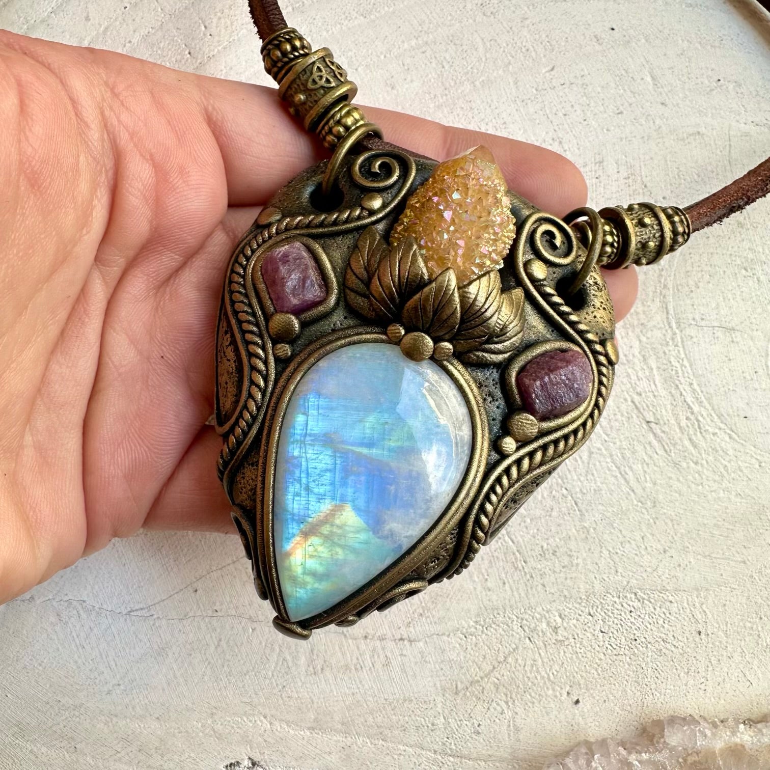 Handmade necklace with rainbow moonstone and aura quartz