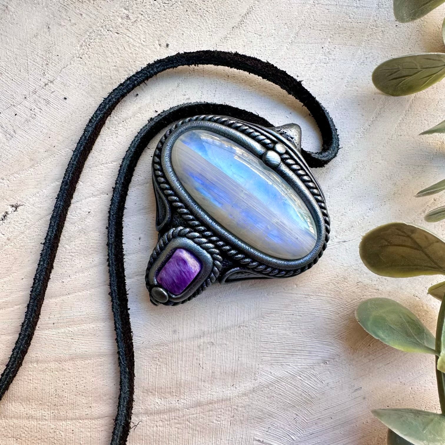 Handmade necklace featuring rainbow moonstone and charoite