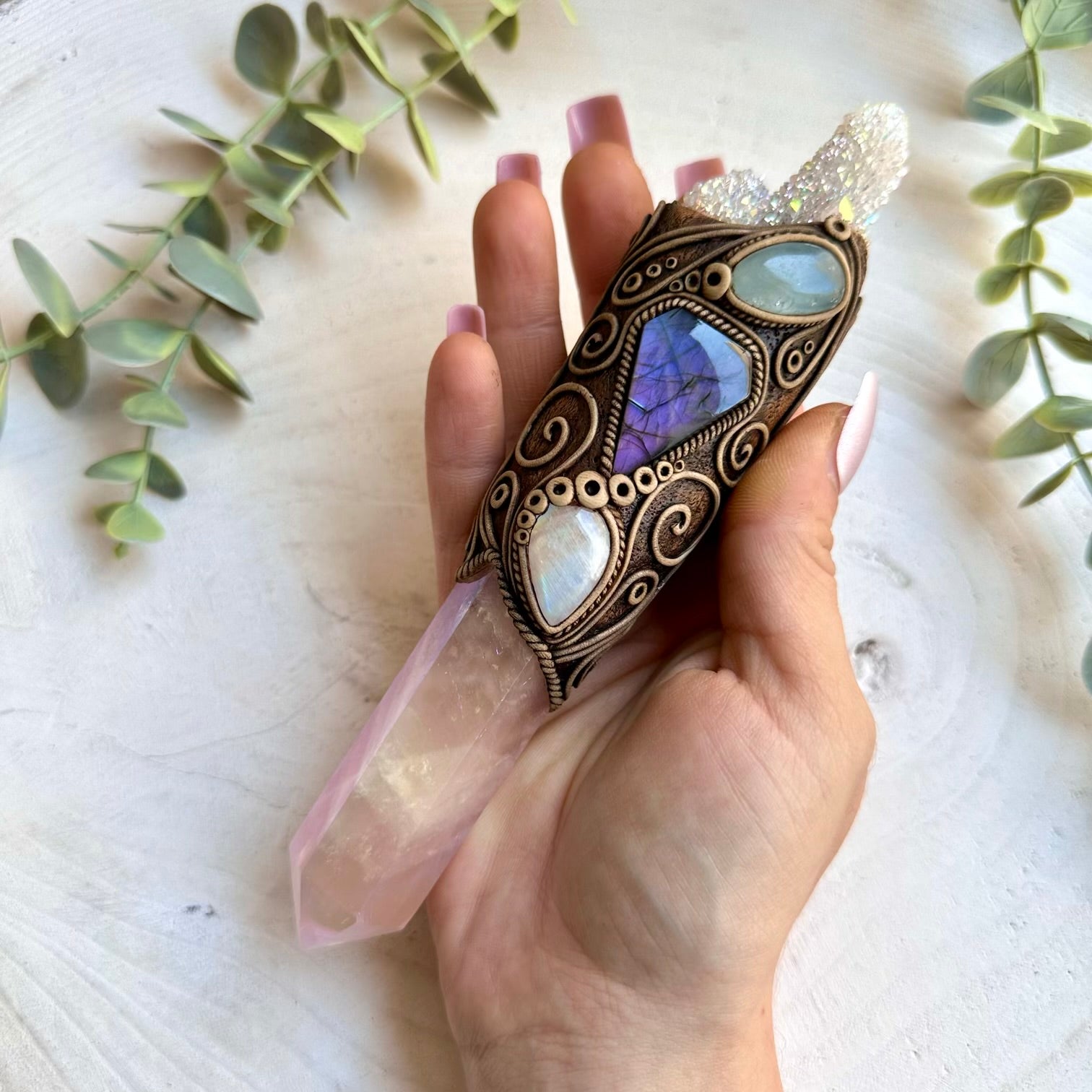Spiritual jewelry combining aura quartz rose quartz and celestite