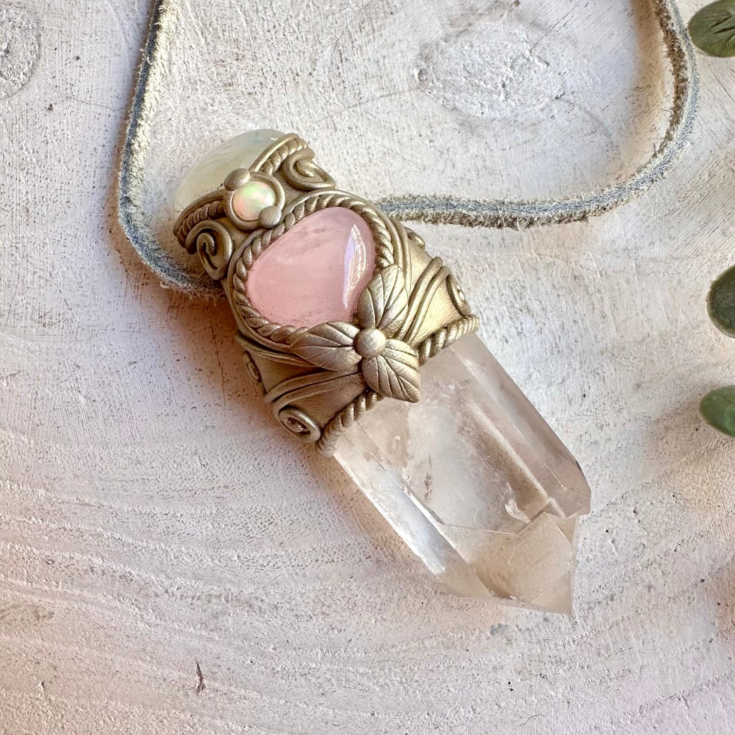 Clear Quartz with Rose Quartz Heart, Moonstone and Ethiopian Opal wand pendant necklace, handcrafted as unique spiritual crystal jewelry.