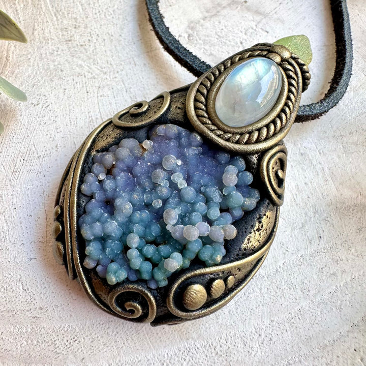 Handmade crystal pendant combining Grape Chalcedony with Rainbow Moonstone and bright Peridot.