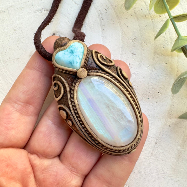 Larimar heart pendant necklace with Rainbow Moonstone