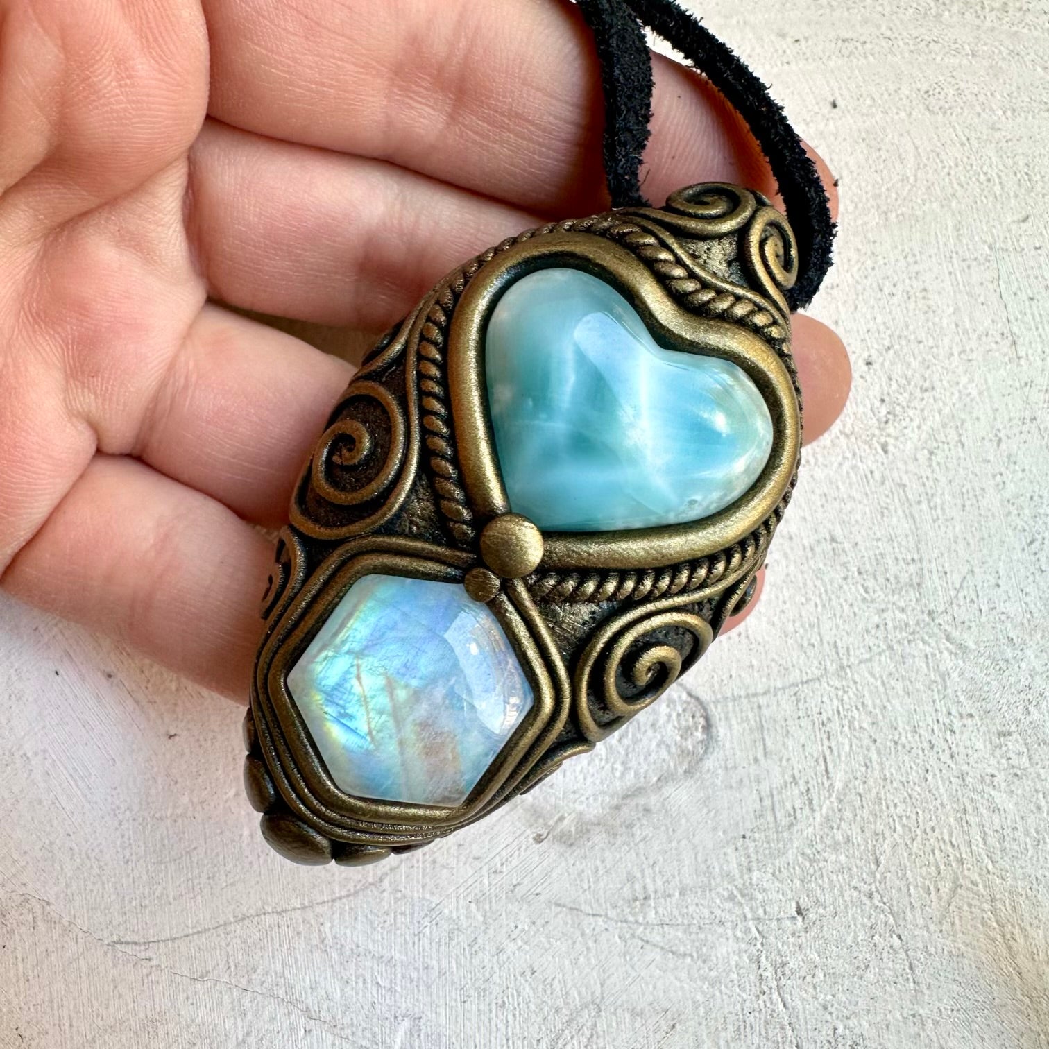 One of a kind larimar heart and moonstone gemstone necklace