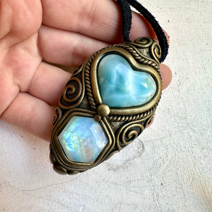 One of a kind larimar heart and moonstone gemstone necklace