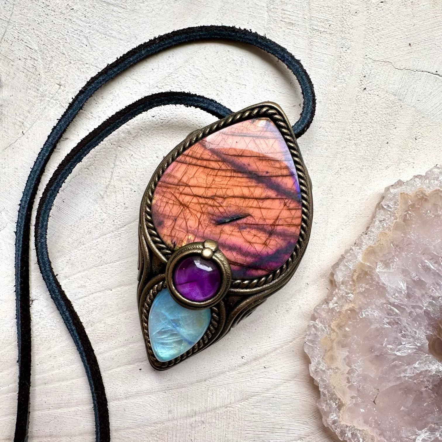 Sunset labradorite paired with rainbow moonstone in a necklace