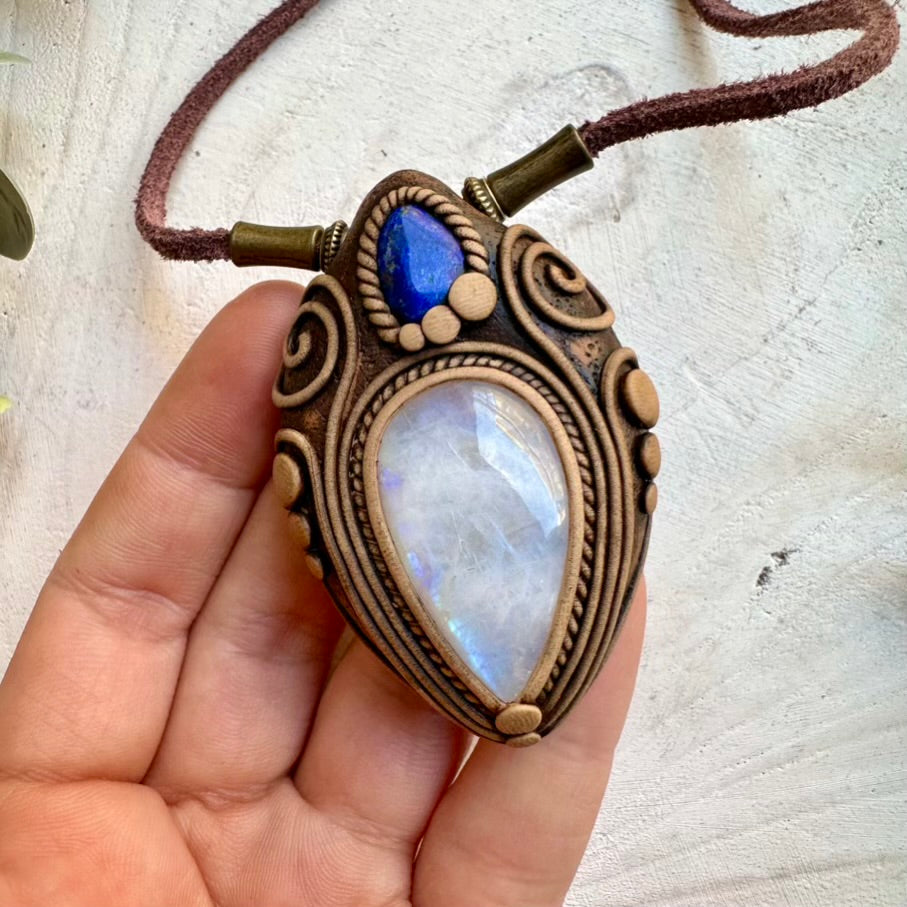 Handmade moonstone and lapis lazuli spiritual necklace with metaphysical crystals