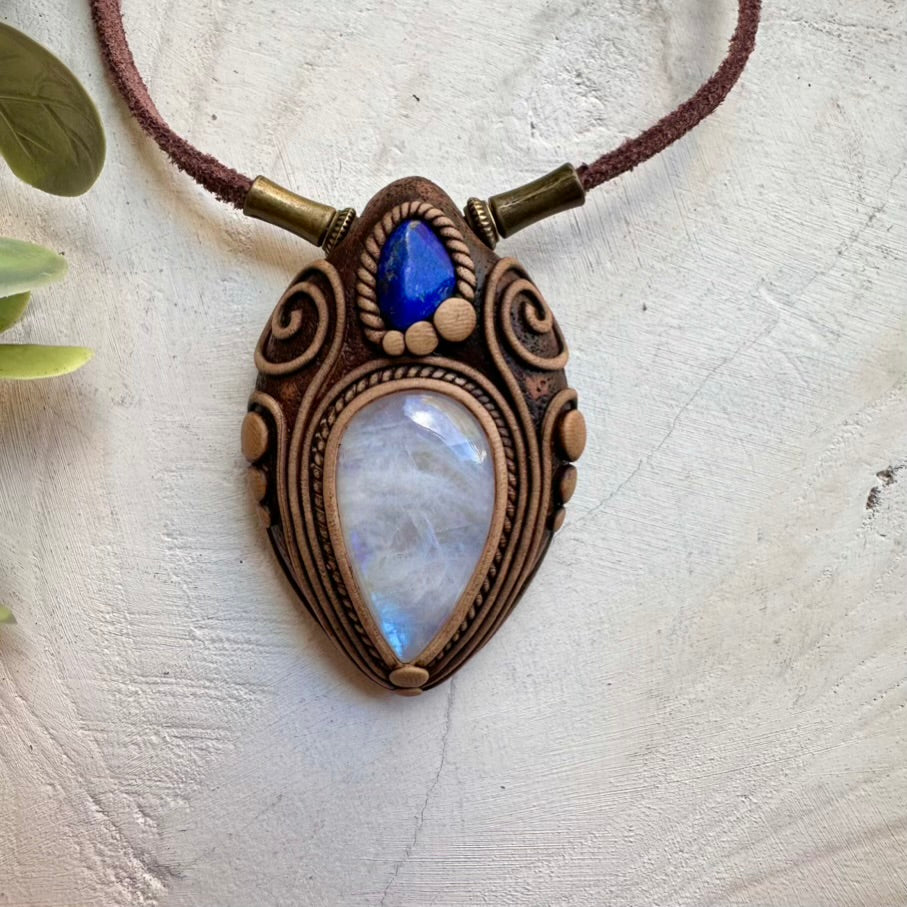 Moonstone and lapis lazuli pendant necklace, spiritual jewelry and healing crystal necklace
