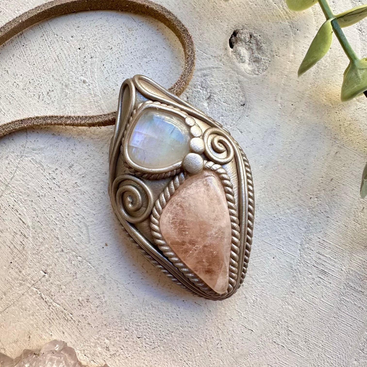 Morganite paired with rainbow moonstone in a necklace