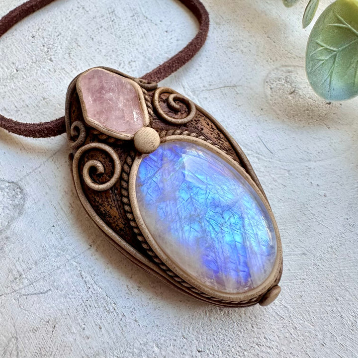 One of a kind moonstone and morganite gemstone necklace